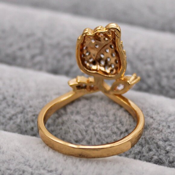 18K Yellow Gold Filled Carved Rose Flower Leaf Diamond Zircon Ring Gorgeous Gift - Picture 4 of 5